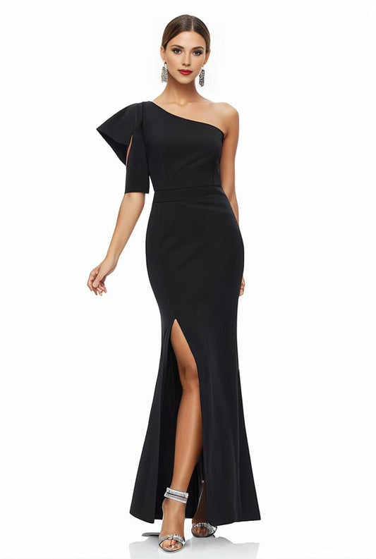 elegant bodycon dress with slant shoulder ruffle trim and asymmetrical hem for parties and banquets 136468