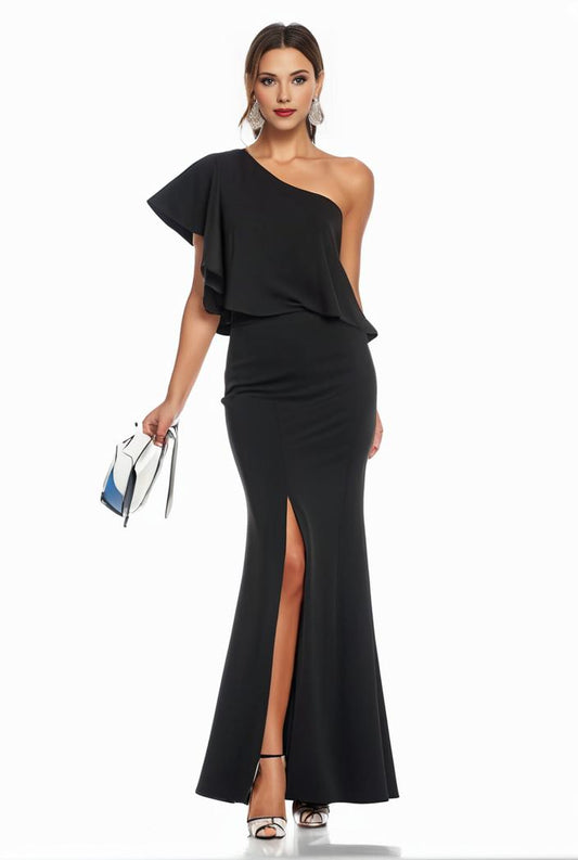 elegant bodycon dress with slant shoulder ruffle trim and asymmetrical hem for parties and banquets 136479