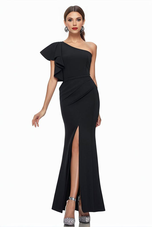 elegant bodycon dress with slant shoulder ruffle trim and asymmetrical hem for parties and banquets 136490