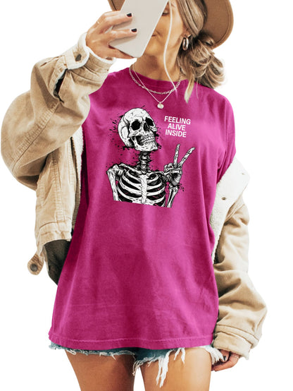 Skeleton Print T-shirt, Short Sleeve Crew Neck Casual Top For Summer & Spring, Women's Clothing