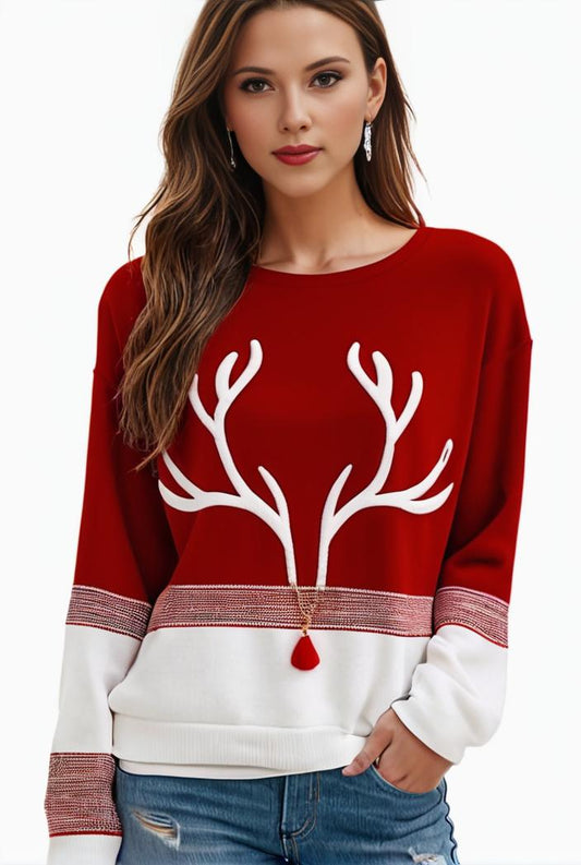 plus size christmas casual sweatshirt women s plus snowflake antler print long sleeve round neck medium stretch pullover top 140557
