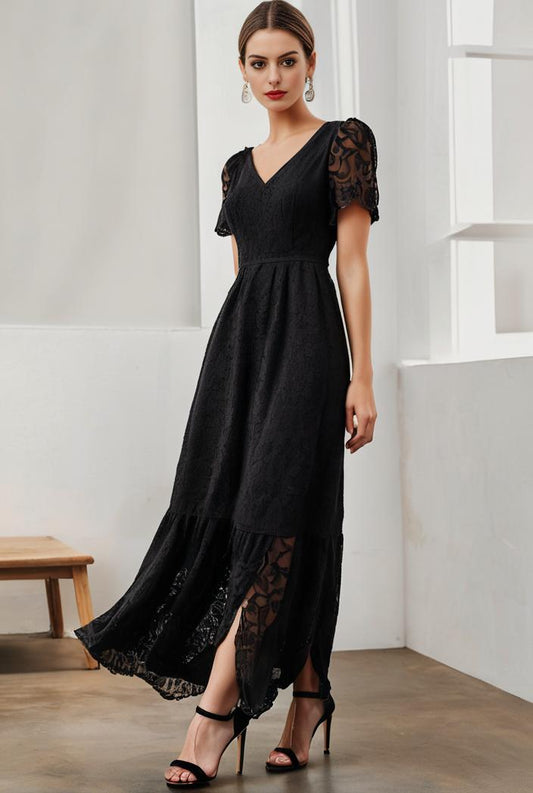 pleated v neck short sleeve ruffled lace evening dress 115617