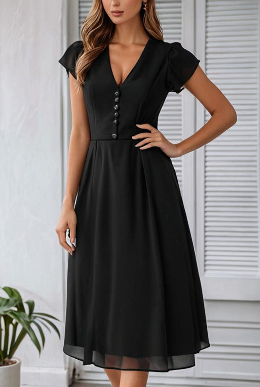 v neck sexy solid color casual fly sleeve midi dress 130948