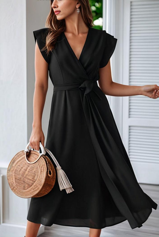 v neck sexy solid color casual fly sleeve midi dress 131004