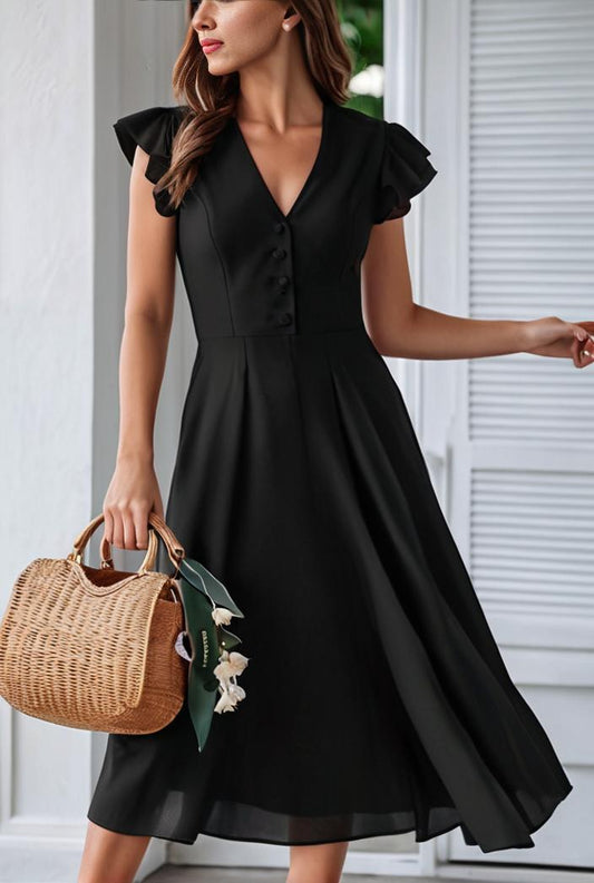 v neck sexy solid color casual fly sleeve midi dress 131125