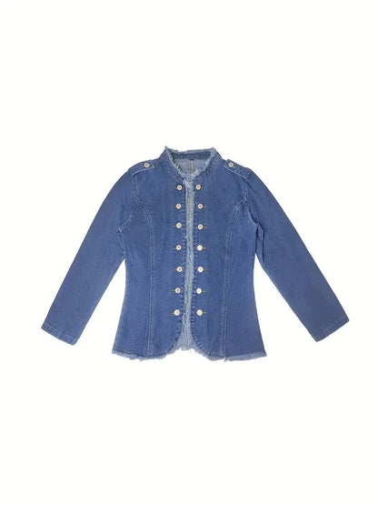 Stylish Blue Denim Jacket with Raw Trim and Button-up Front