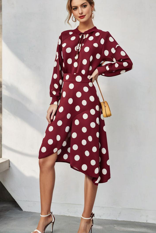 unique and chic style irregular polka dot long sleeve midi dress 124136