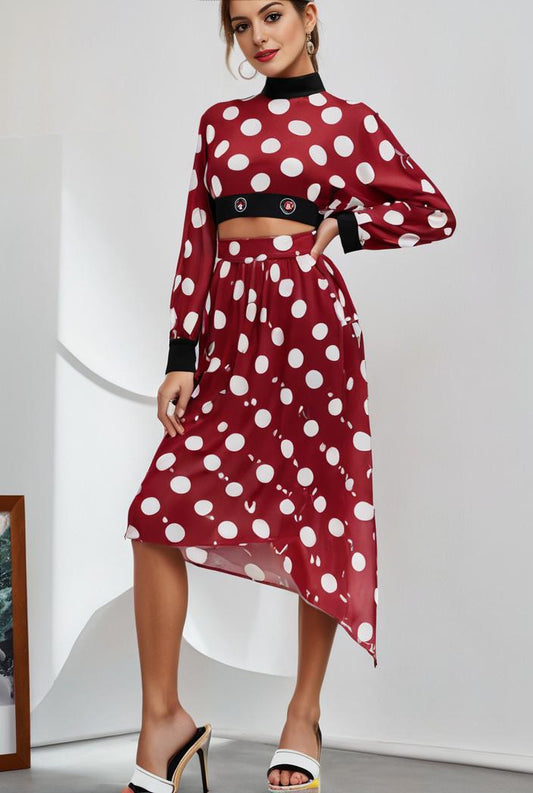unique and chic style irregular polka dot long sleeve midi dress 142892
