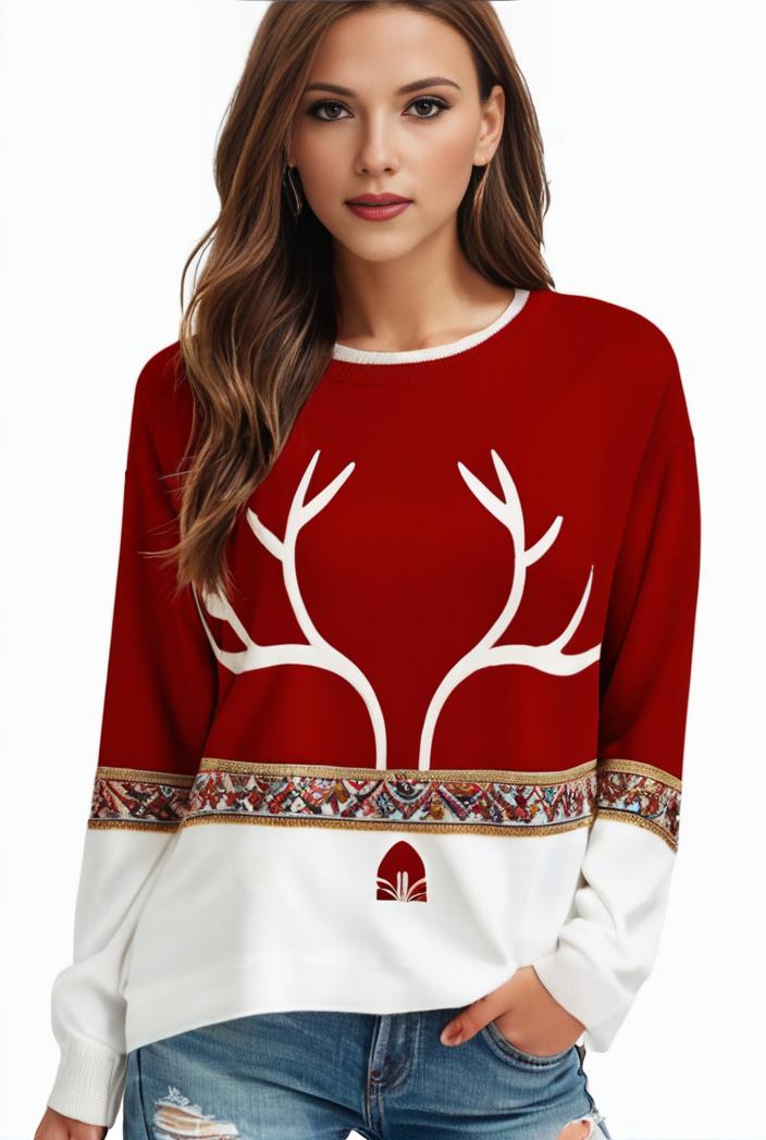 plus size christmas casual sweatshirt women s plus snowflake antler print long sleeve round neck medium stretch pullover top 107333