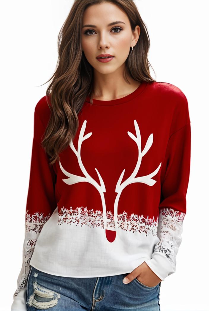plus size christmas casual sweatshirt women s plus snowflake antler print long sleeve round neck medium stretch pullover top 107341