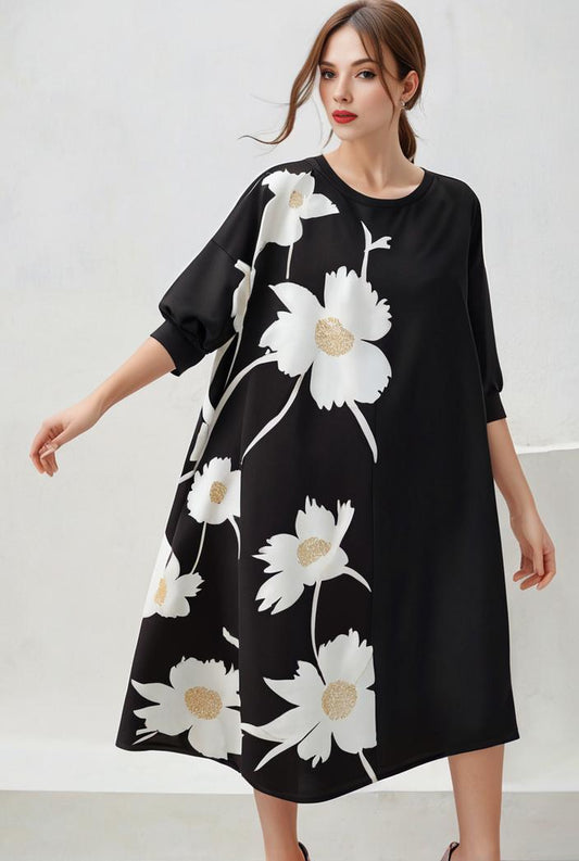 size curve dresses plus size loose elegant floral pattern stitching midi dress 118202