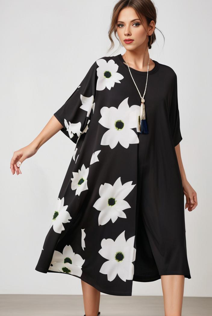 size curve dresses plus size loose elegant floral pattern stitching midi dress 118204