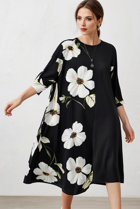 size curve dresses plus size loose elegant floral pattern stitching midi dress 118209