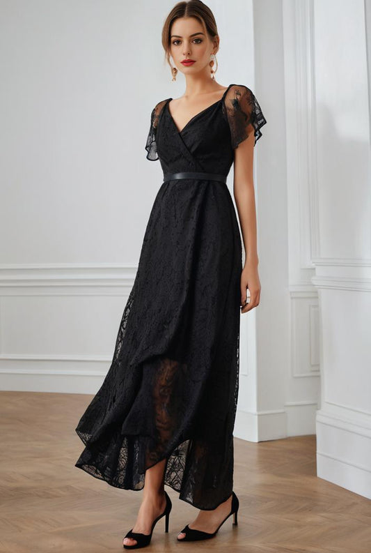 pleated v neck short sleeve ruffled lace evening dress 104423