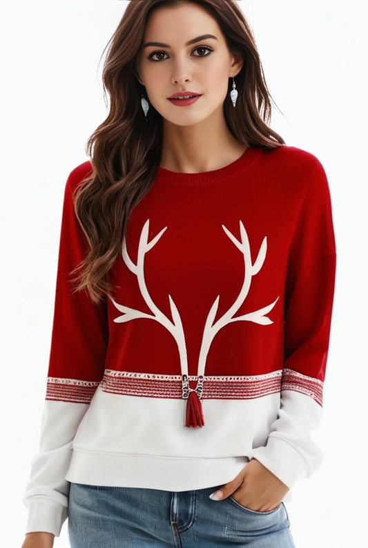 plus size christmas casual sweatshirt women s plus snowflake antler print long sleeve round neck medium stretch pullover top 115519