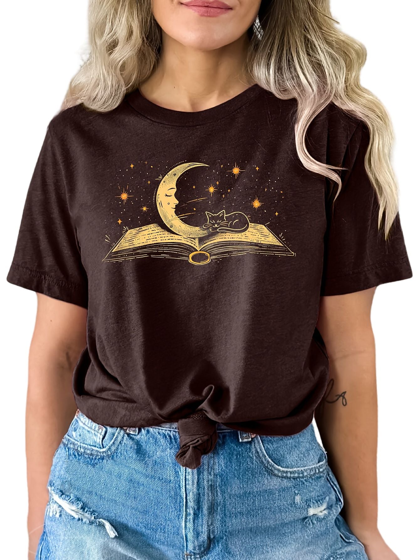 Moon Print T-shirt, Short Sleeve Crew Neck Casual Top For Summer & Spring, Women's Clothing