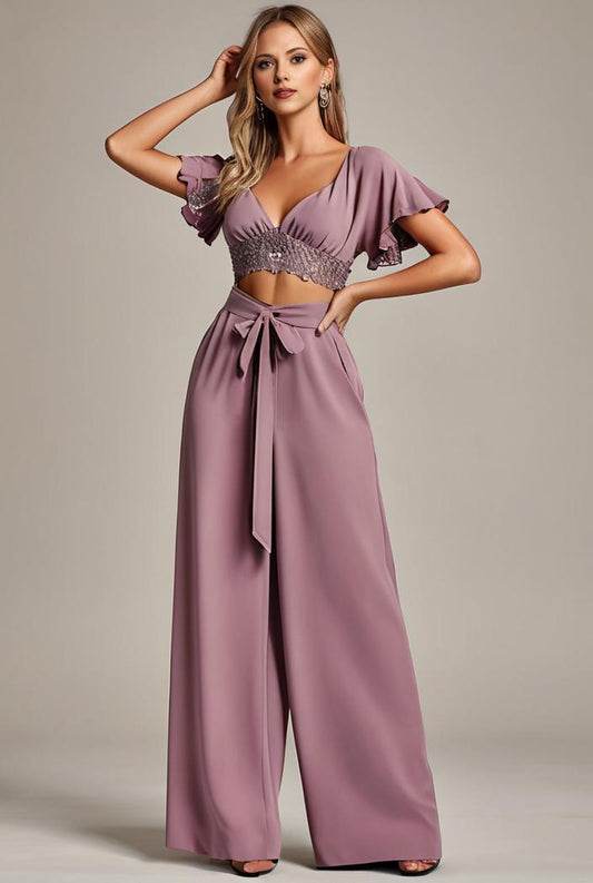 long empire waist bridesmaid dress with short flutter sleeves 149076