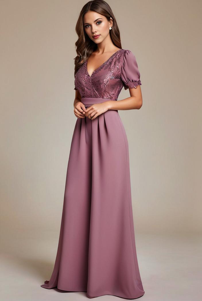 long empire waist bridesmaid dress with short flutter sleeves 149088