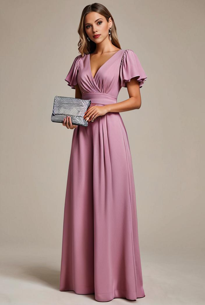 long empire waist bridesmaid dress with short flutter sleeves 149090