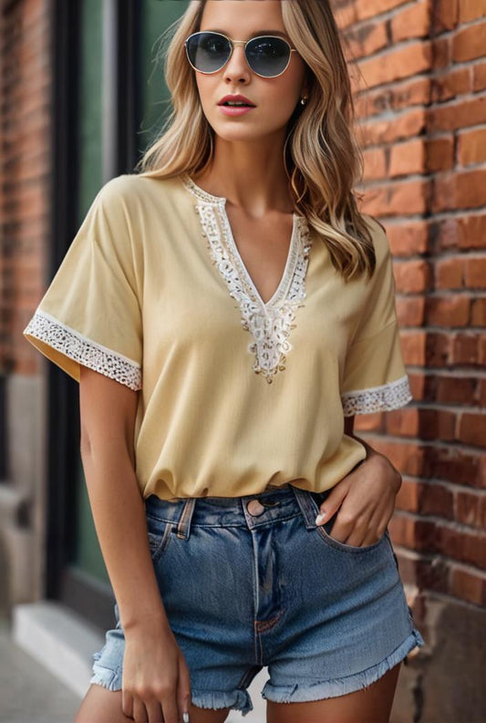 lace paneling v neck solid color t shirt 149098