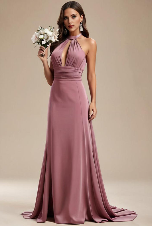 long empire waist bridesmaid dress with short flutter sleeves 149107
