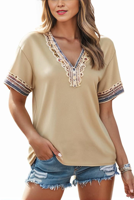 lace paneling v neck solid color t shirt 149106