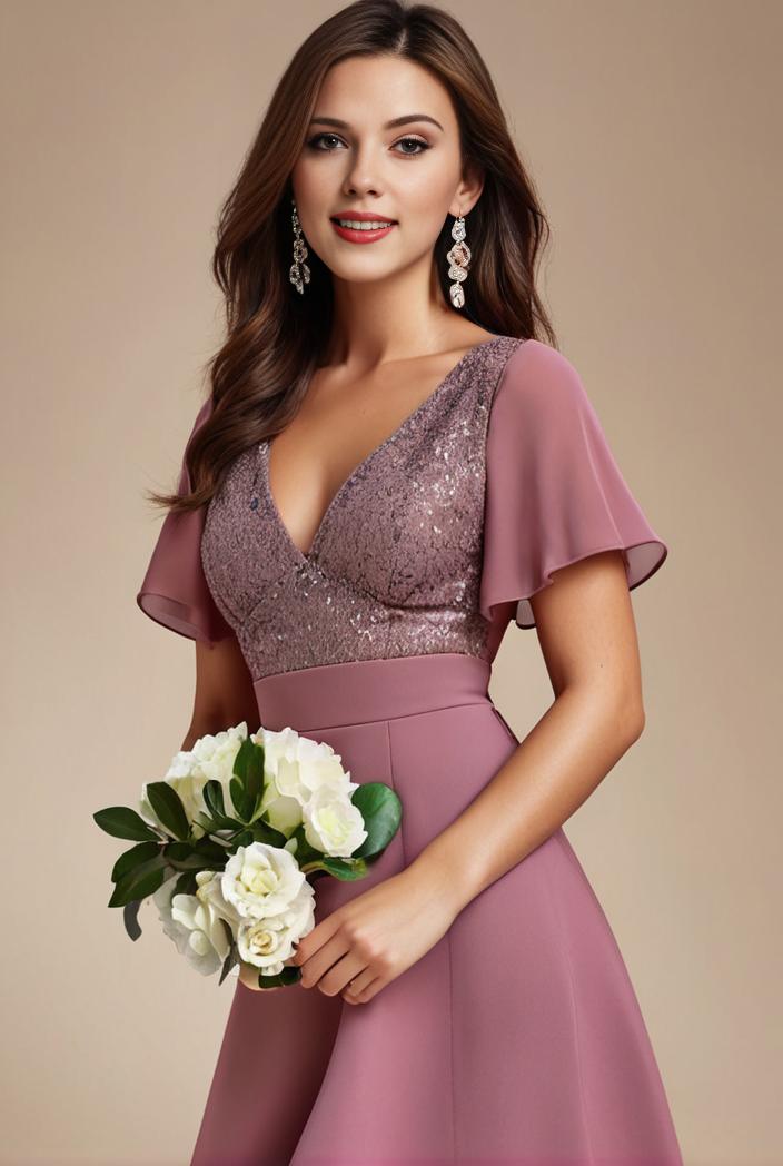 long empire waist bridesmaid dress with short flutter sleeves 149110