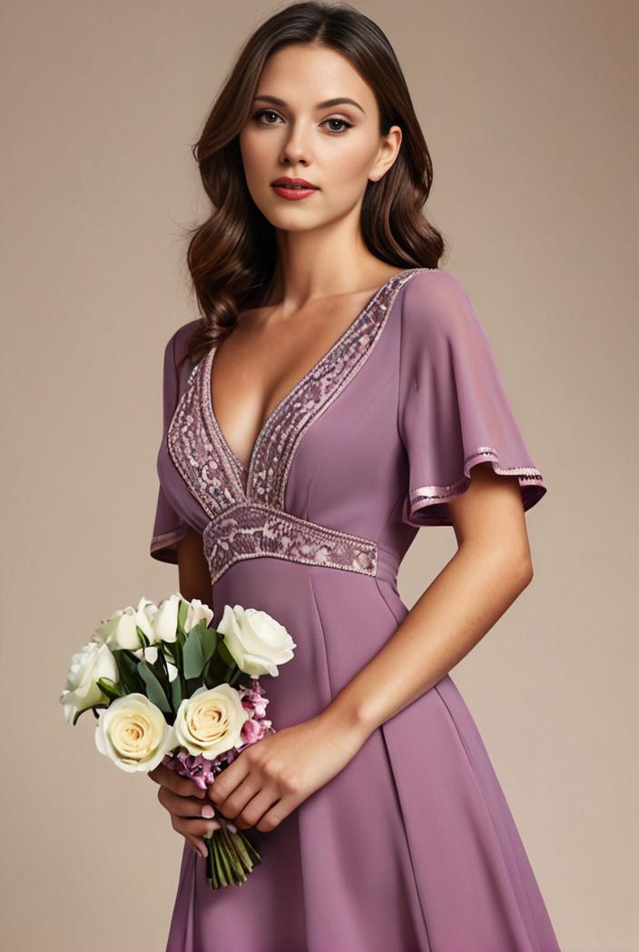 long empire waist bridesmaid dress with short flutter sleeves 149115