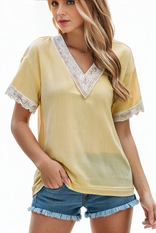 lace paneling v neck solid color t shirt 149119