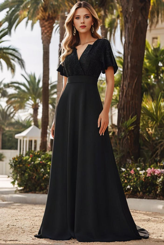 long empire waist bridesmaid dress with short flutter sleeves 149120