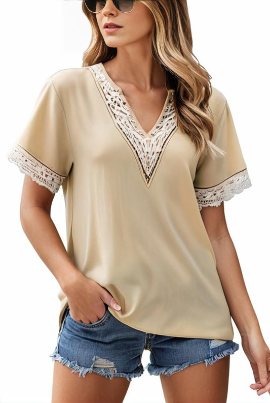 lace paneling v neck solid color t shirt 149131