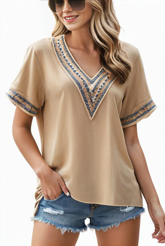lace paneling v neck solid color t shirt 149141