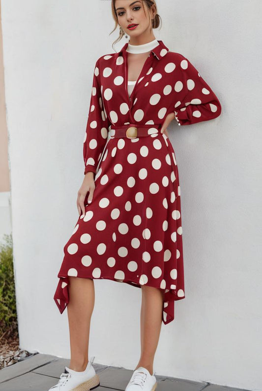 unique and chic style irregular polka dot long sleeve midi dress 142193