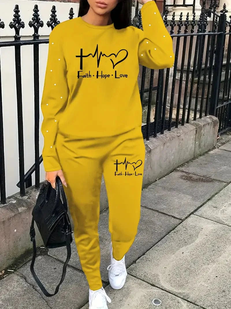 Graphic and Letter Printed Two-piece Set, Cozy Long Sleeve Sweater and Sweatpants Ensemble, Women's Attire