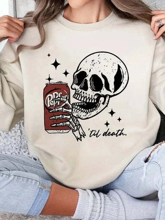 Loose Fit Skull Print Pullover Sweatshirt for Women