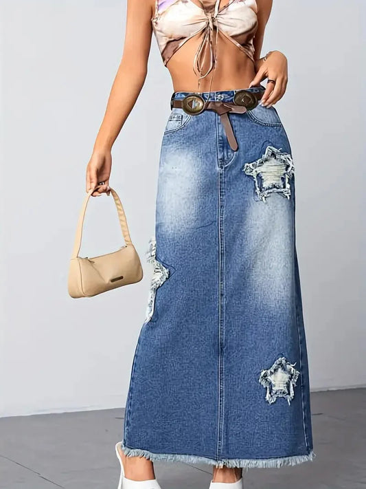 Star Patchwork Denim Midi Skirt with Raw Hem - Stylish Loose Fit Women's Denim Clothing