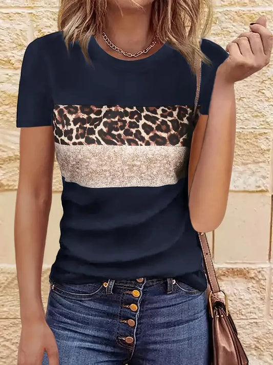Leopard Printed Crew Neck Tee, Relaxed Long Sleeve Shirt Ideal for Spring & Autumn, Women's Fashion