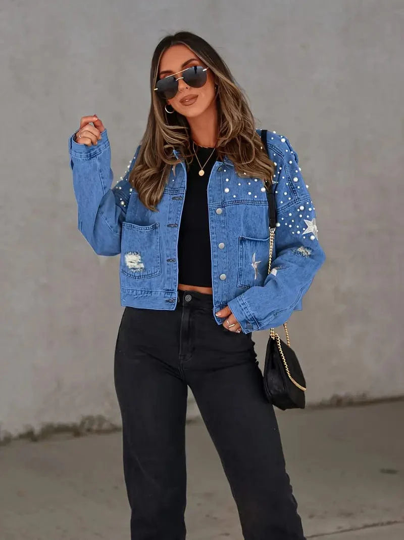 Starry Denim Jacket with Edgy Details for Women