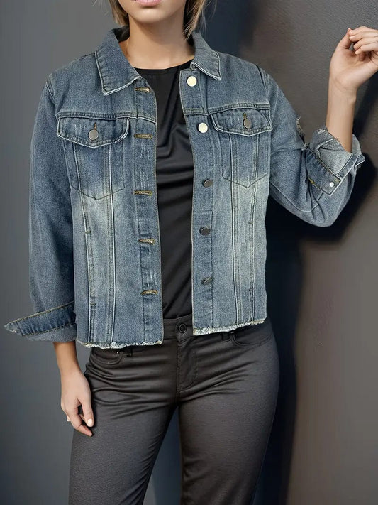 Frayed Hem Casual Denim Jacket with Long Sleeves For Women