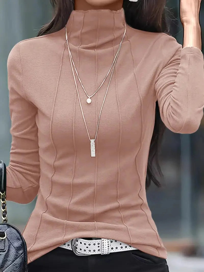 Versatile Solid Turtleneck Top, Chic Long Sleeve Shirt For Spring & Fall, Women's Fashion