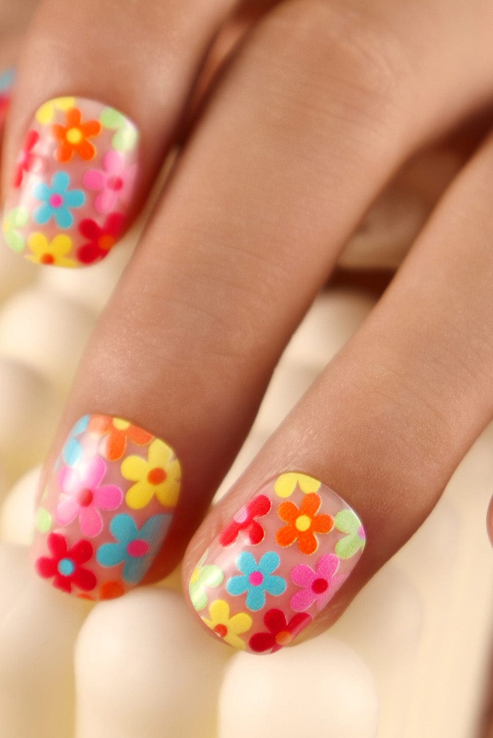 24-Piece Pink Floral Print Press-On False Nails with Cute Flowers