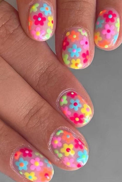 24-Piece Pink Floral Print Press-On False Nails with Cute Flowers