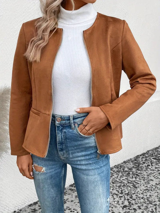 Stylish Zip Up Jacket for Women, Trendy Long Sleeve Crew Neck Outerwear Perfect for Spring & Fall