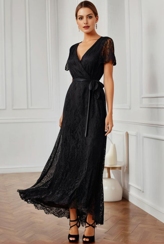 pleated v neck short sleeve ruffled lace evening dress 111522