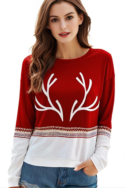 plus size christmas casual sweatshirt women s plus snowflake antler print long sleeve round neck medium stretch pullover top 130757