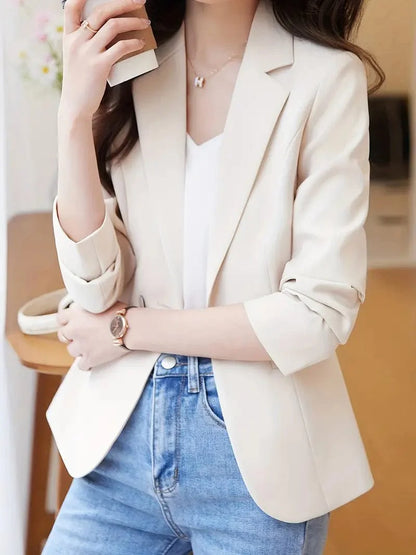 Ladies' Solid Button-Up Blazer with Long Sleeves, Casual Lapel Design