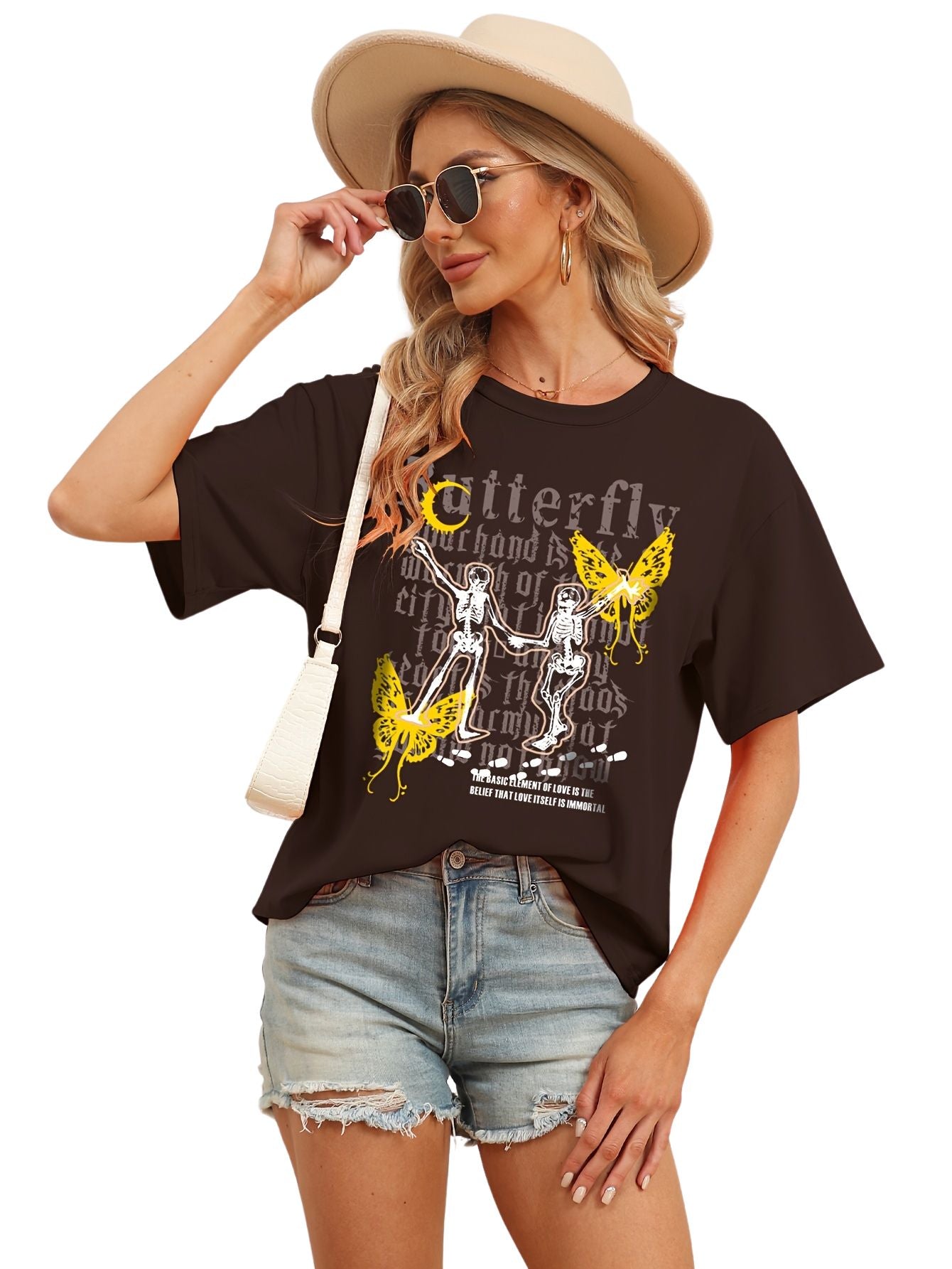 Skull & Butterfly Print T-shirt, Casual Crew Neck Short Sleeve Top For Spring & Summer, Women's Clothing