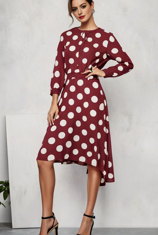 unique and chic style irregular polka dot long sleeve midi dress 138704