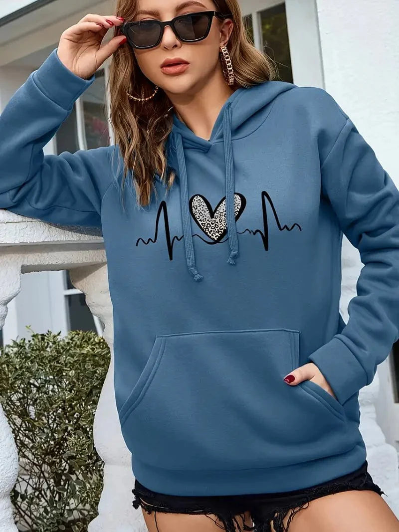 Leopard Heart Print Hooded Sweatshirt with Drawstring, Casual Long Sleeve Drop Shoulder Pullover, Women's Apparel