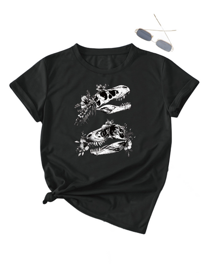 Skull Print Crew Neck T-shirt, Short Sleeve Casual Top For Summer & Spring, Women's Clothing